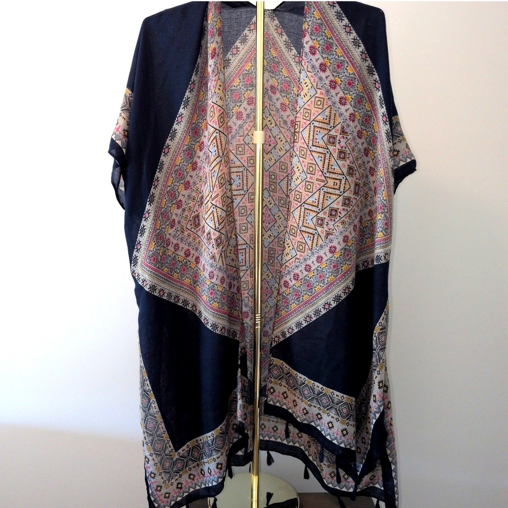 Alona Kimono Wrap Women One Size Navy Blue Geometric Tribal Print Tassel Trim